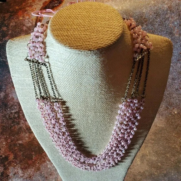 Edgy Little Pink Glazed Porcelain Beads Antique Brass Multistrand Necklace - Picture 5 of 8